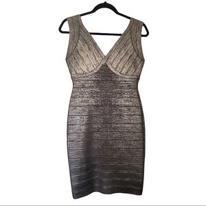 NWT Hervé Léger by Max Azria gunmetal metallic foil bandage dress